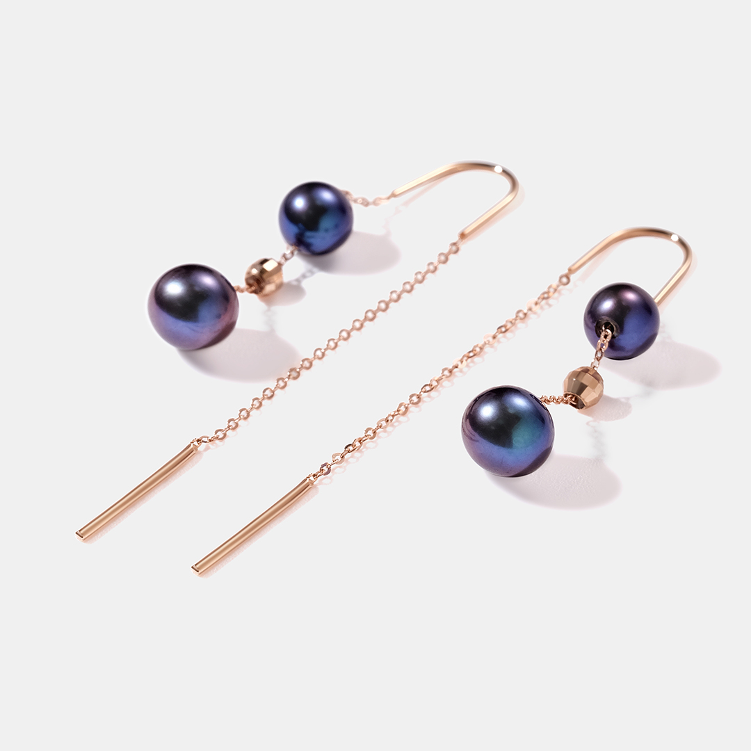 Серьги-протяжки из золота с черным жемчугом