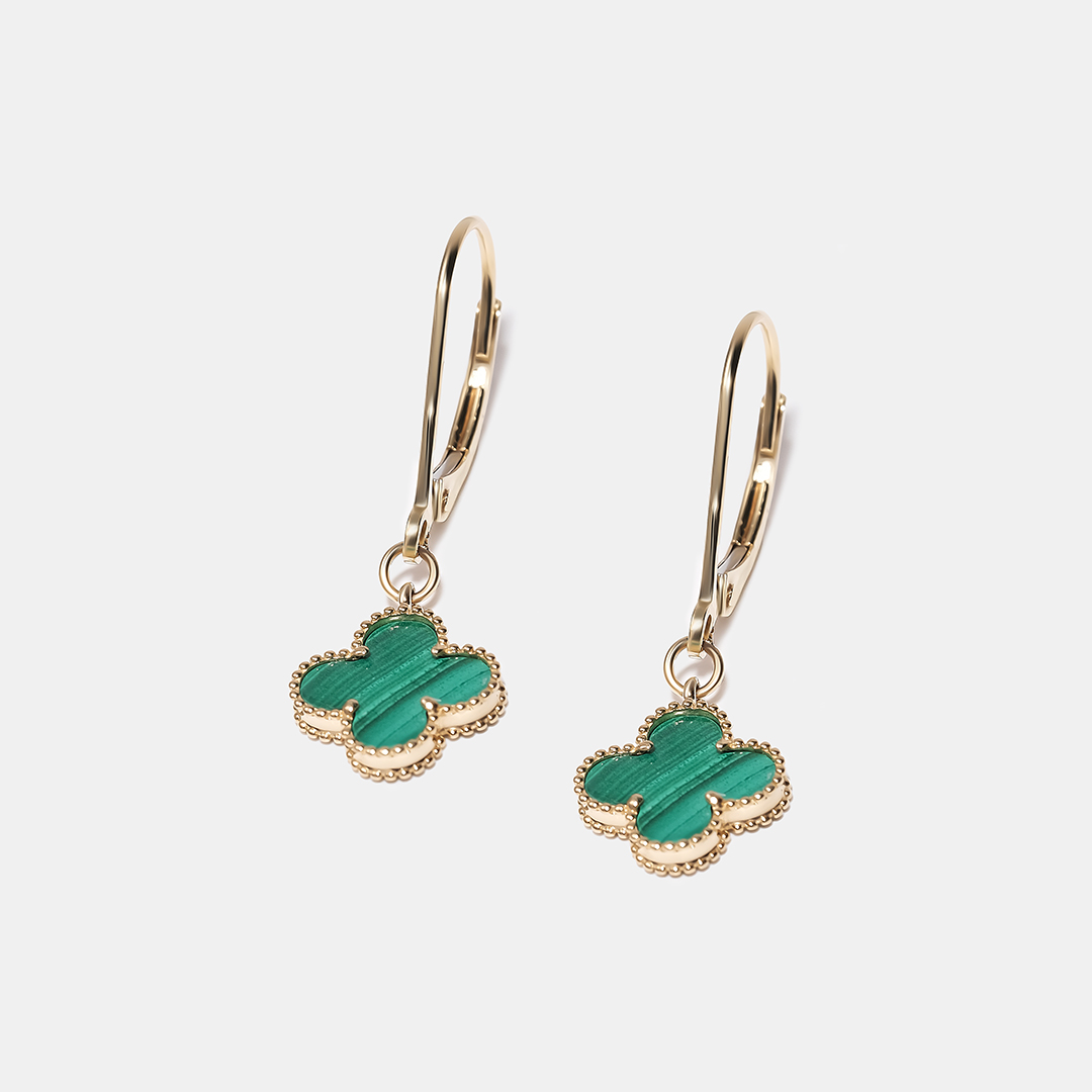 Серьги из желтого золота с малахитами "Клевер"