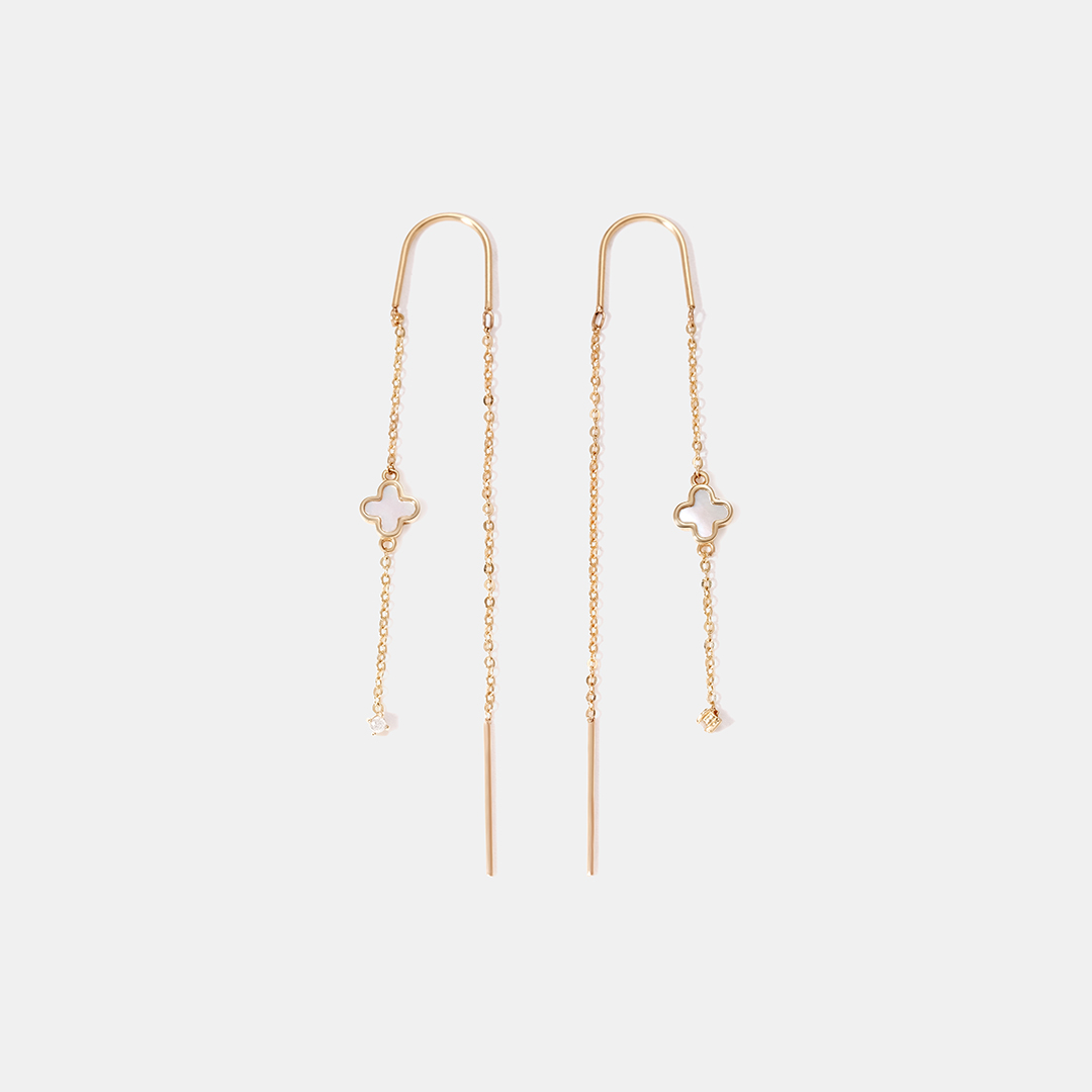 Серьги-протяжки из желтого золота с перламутром "Клевер"