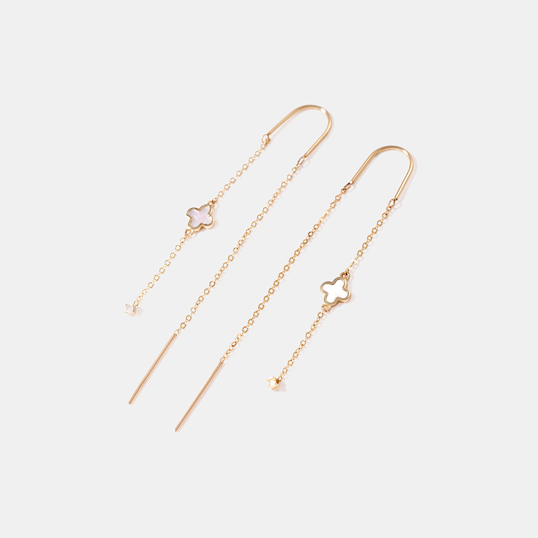 Серьги-протяжки из желтого золота с перламутром "Клевер"