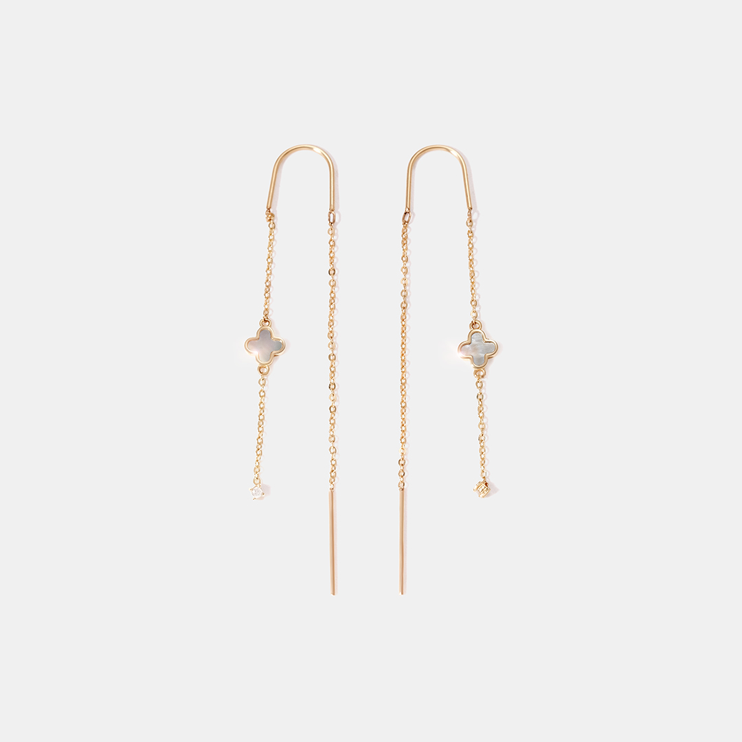 Серьги-протяжки из желтого золота с перламутром "Клевер"