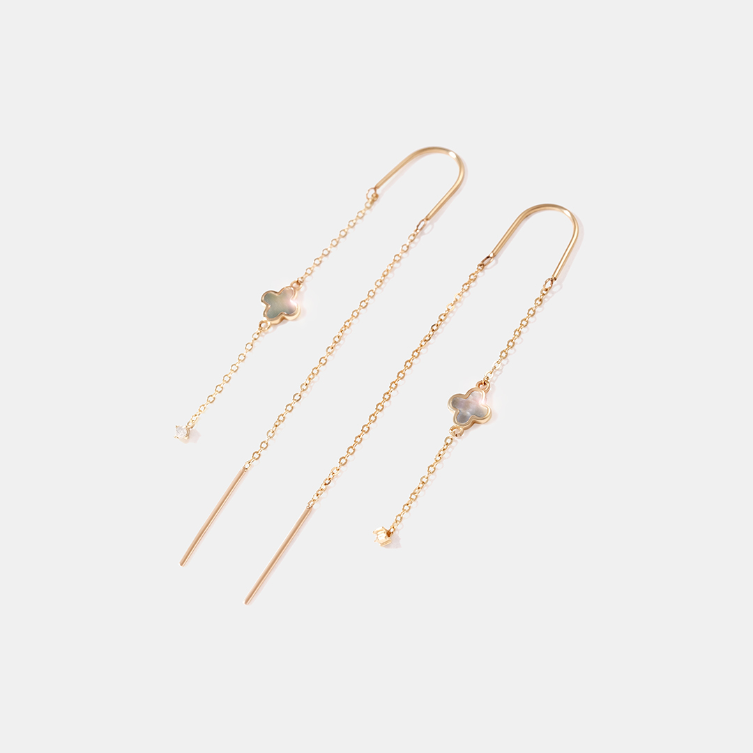 Серьги-протяжки из желтого золота с перламутром "Клевер"
