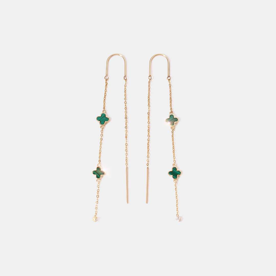 Серьги-протяжки из желтого золота с малахитами "Клевер"