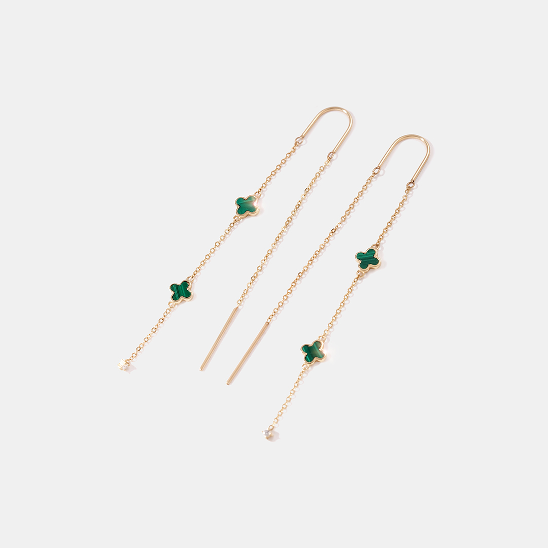 Серьги-протяжки из желтого золота с малахитами "Клевер"