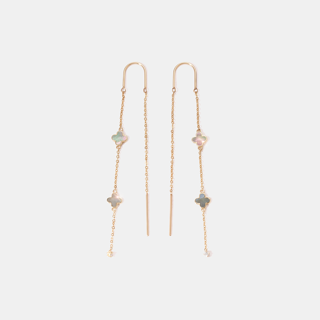 Серьги-протяжки из желтого золота с перламутром "Клевер"