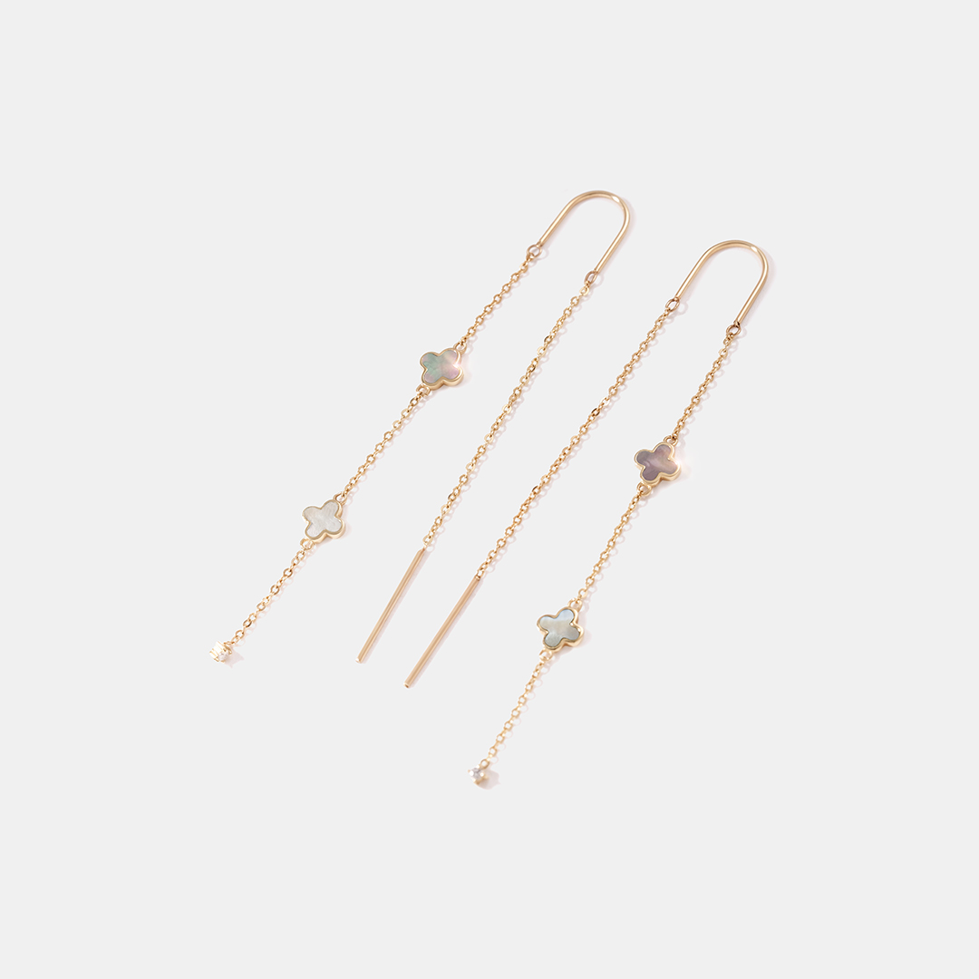 Серьги-протяжки из желтого золота с перламутром "Клевер"