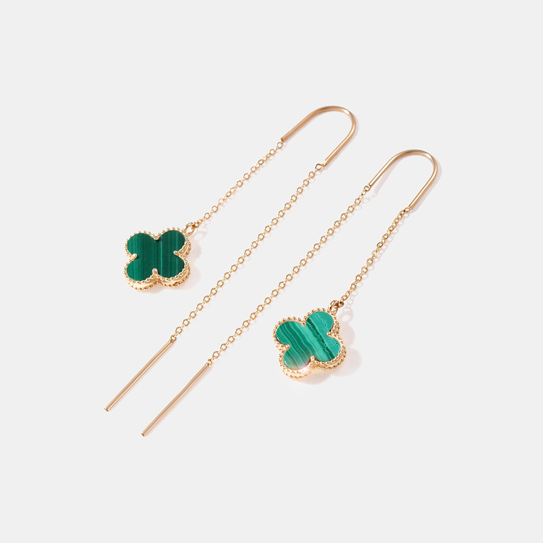 Серьги-протяжки из желтого золота с малахитами "Клевер"
