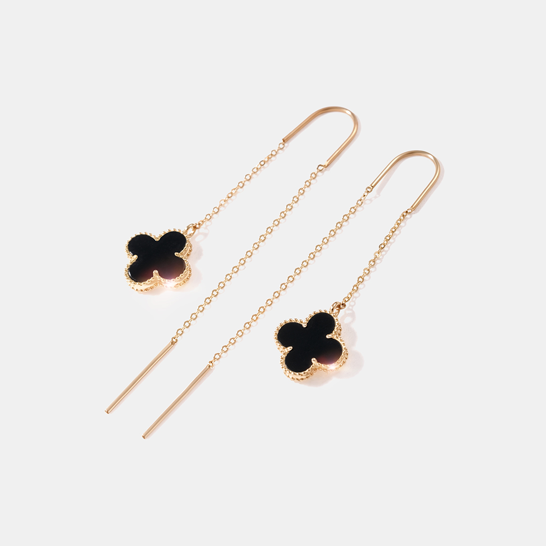 Серьги-протяжки из желтого золота с агатами "Клевер"