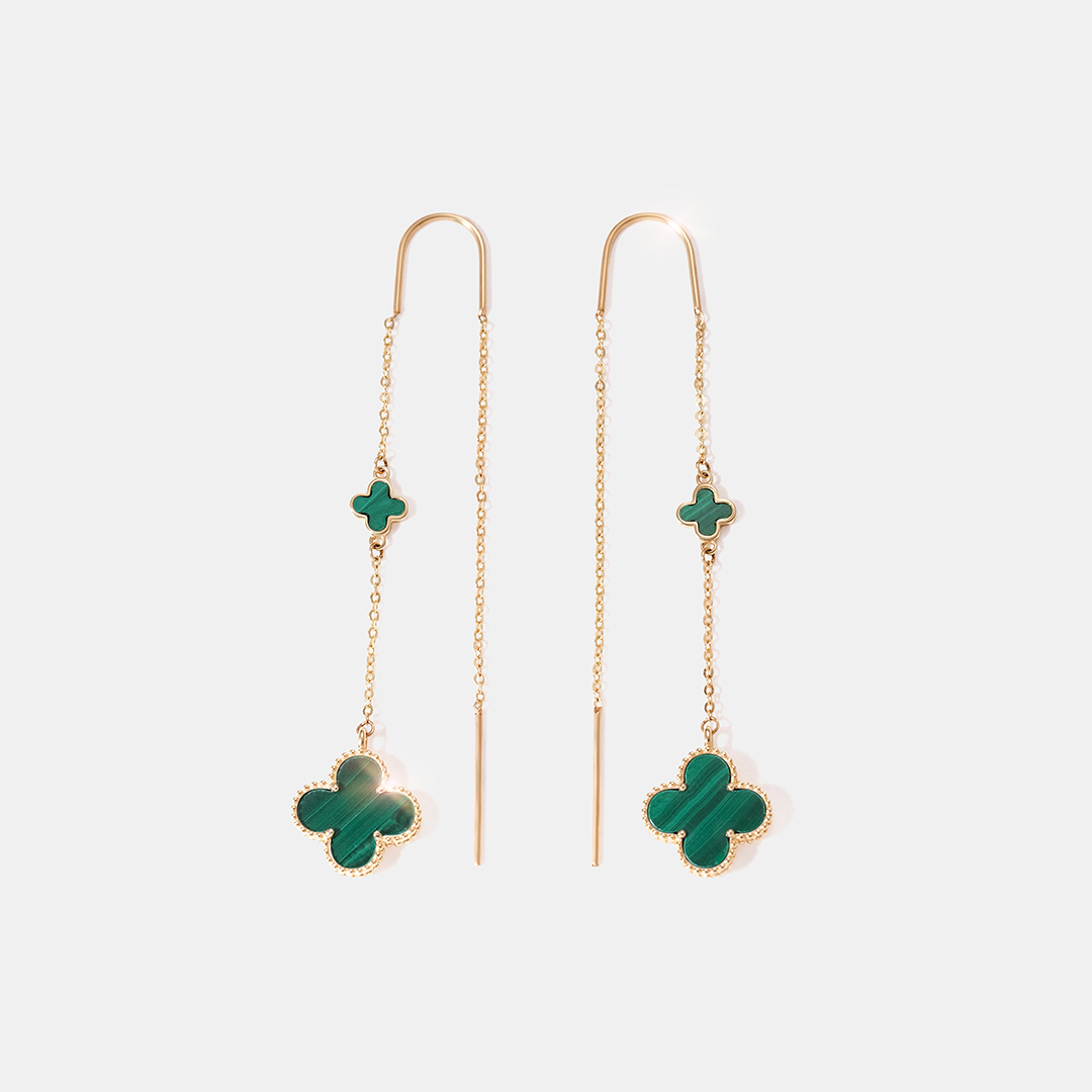 Серьги-протяжки из желтого золота с малахитами "Клевер"