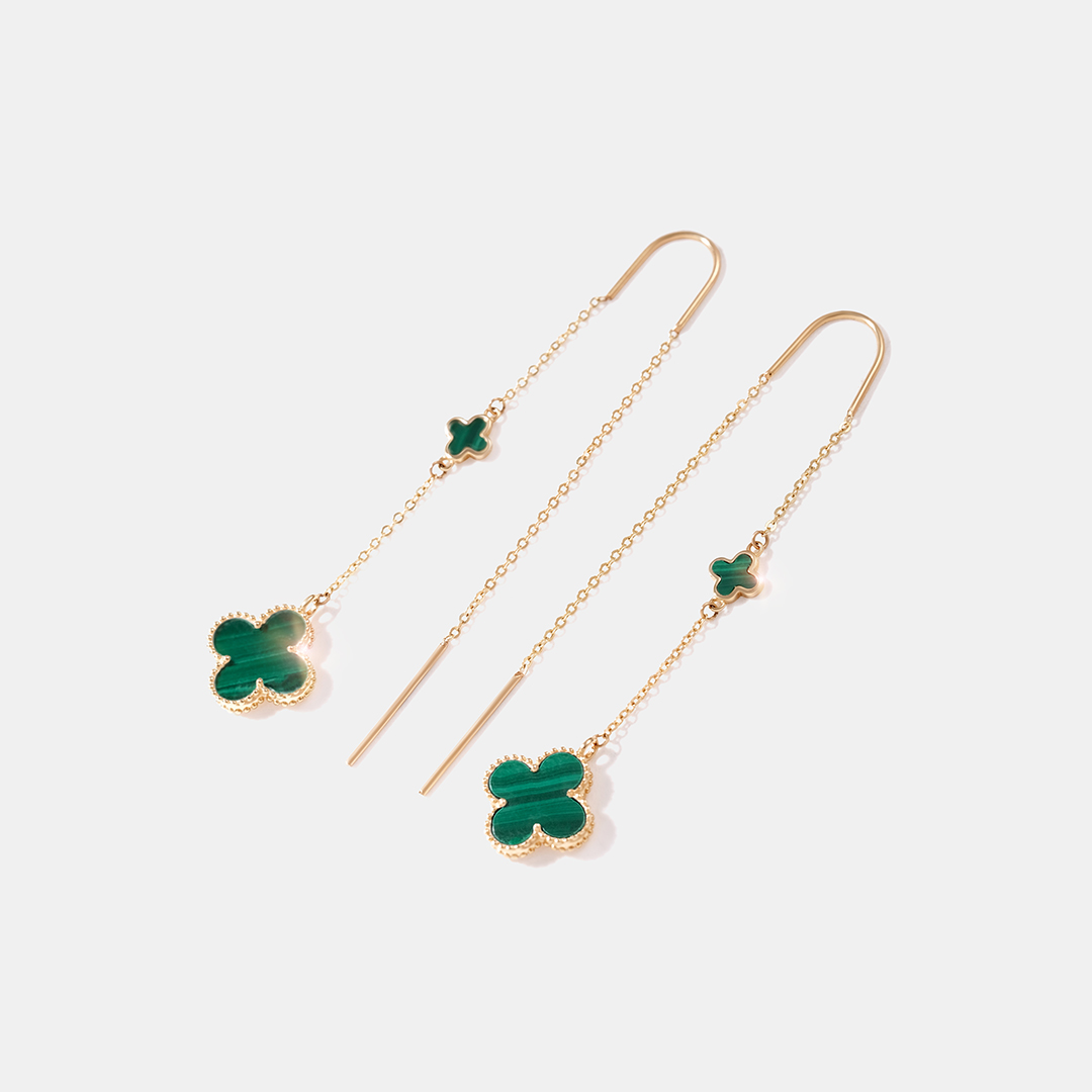 Серьги-протяжки из желтого золота с малахитами "Клевер"