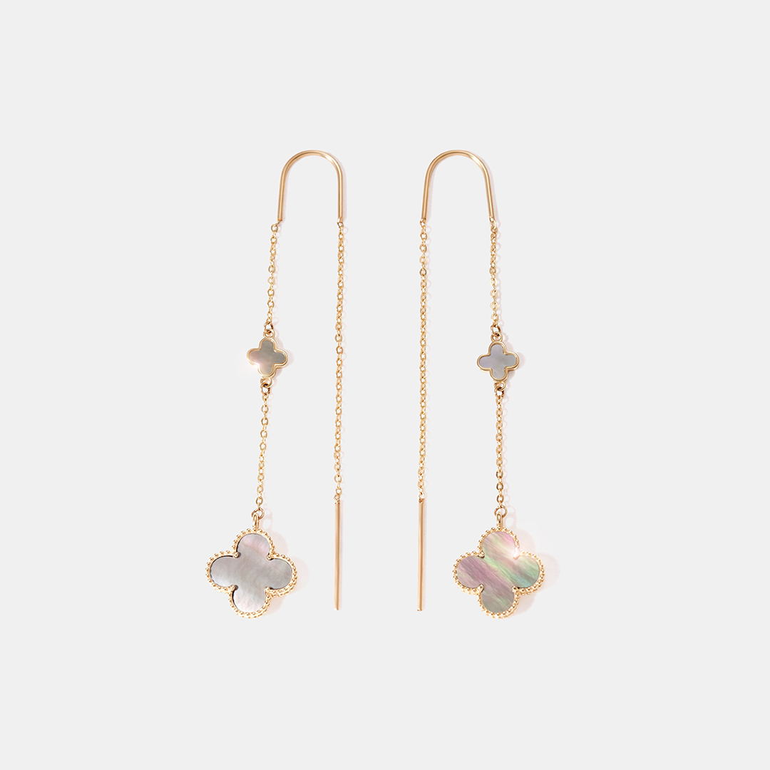 Серьги-протяжки из желтого золота с перламутром "Клевер"