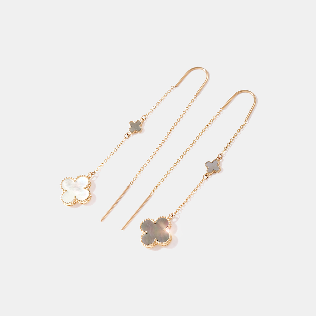 Серьги-протяжки из желтого золота с перламутром "Клевер"