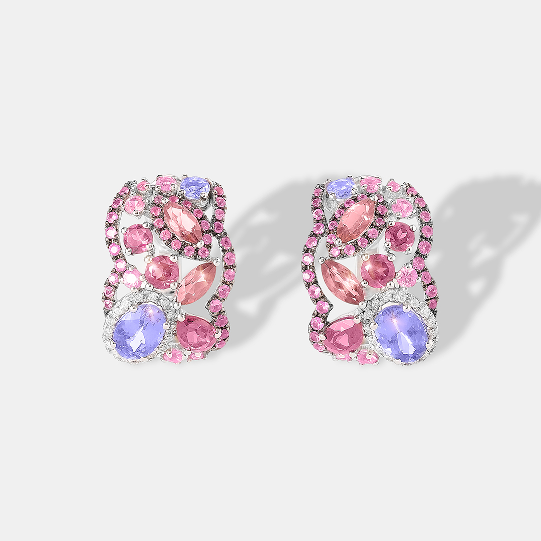 Серьги из белого золота с танзанитами и родолитами