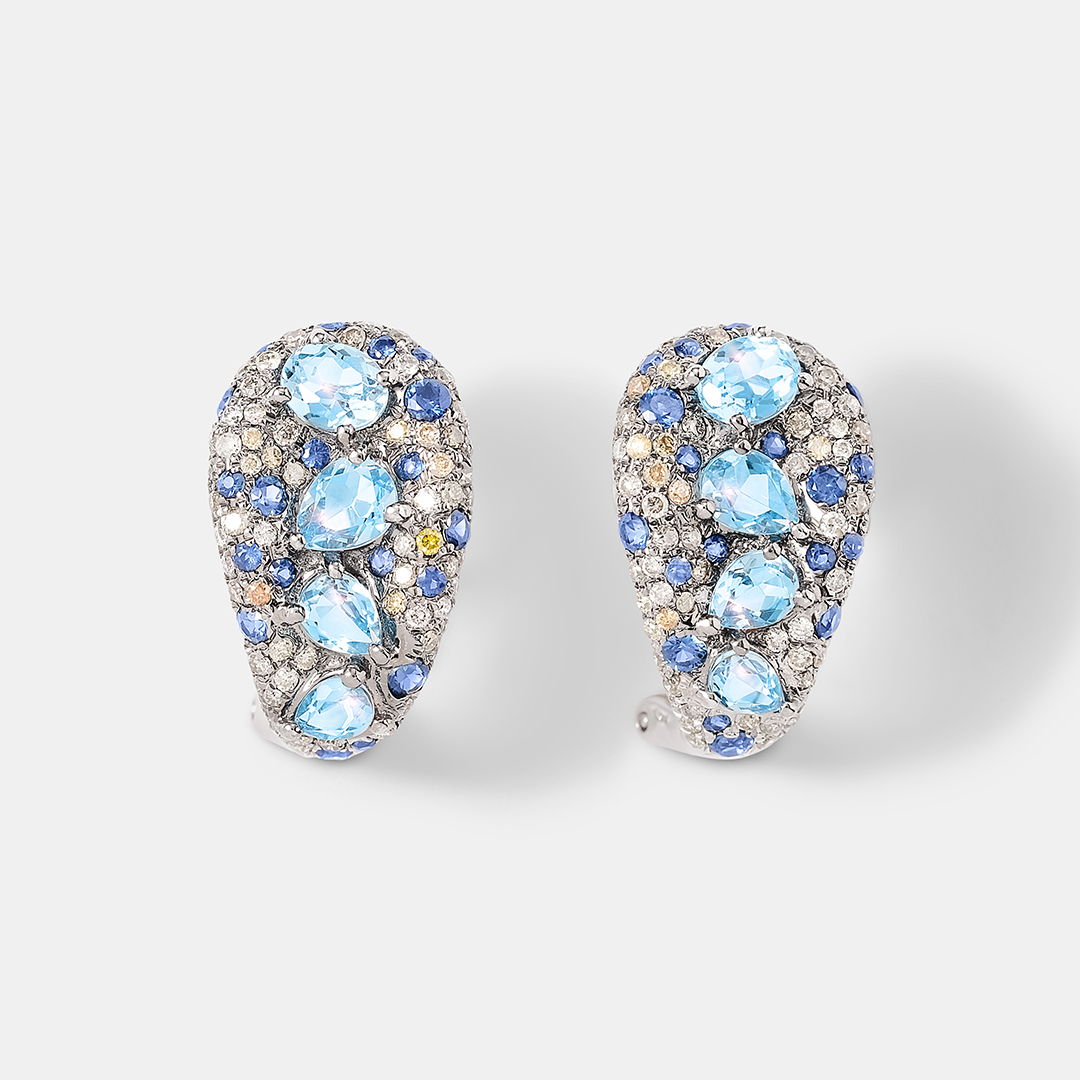 Серьги из белого золота с топазами и сапфирами