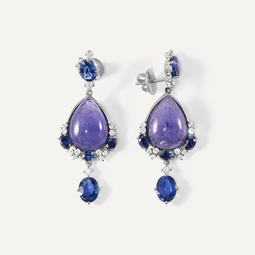 Серьги-пусеты из белого золота с танзанитами и сапфирами