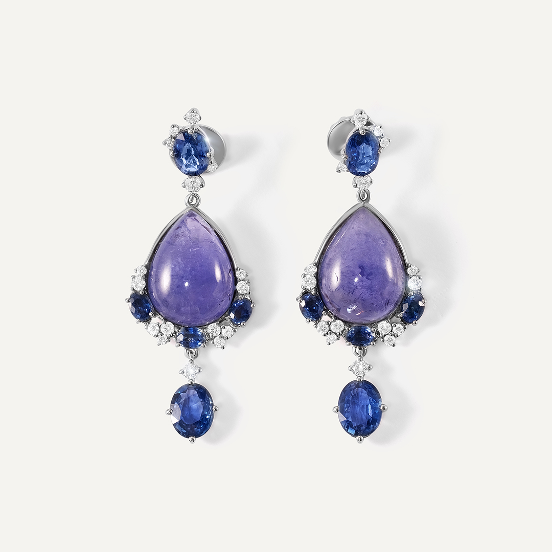 Серьги-пусеты из белого золота с танзанитами и сапфирами