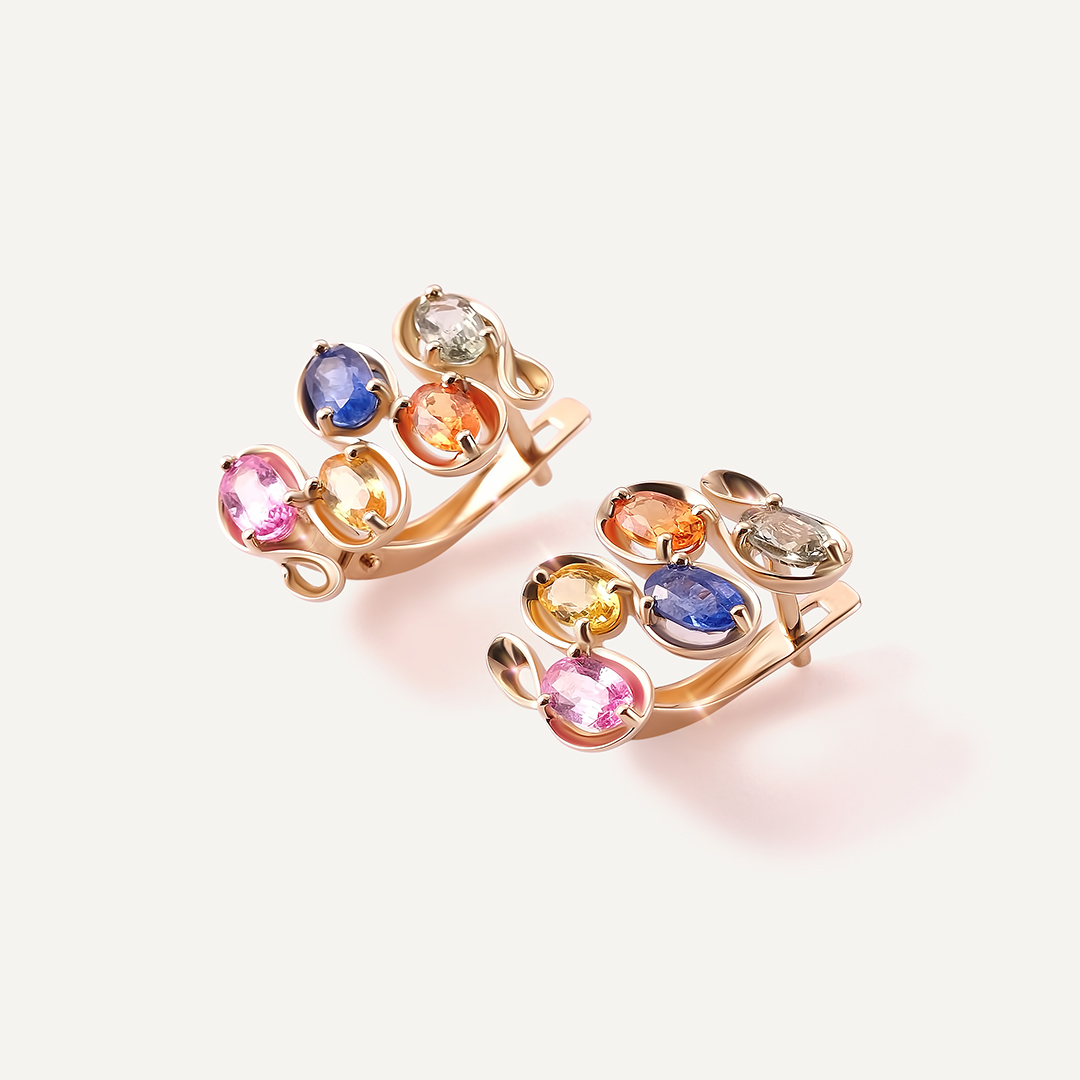 Серьги из желтого золота с цветными сапфирами