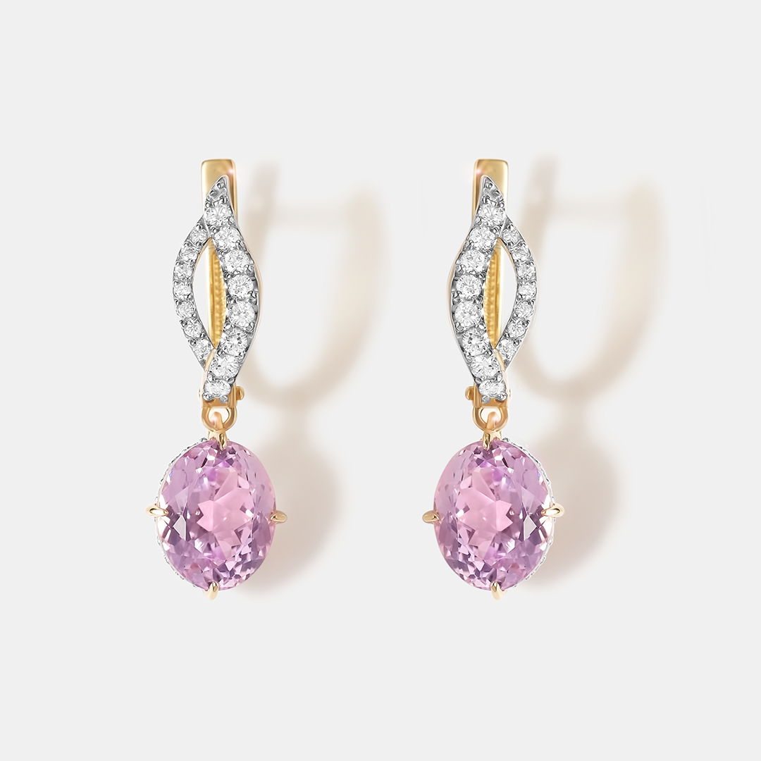 Серьги из желтого золота с кунцитами