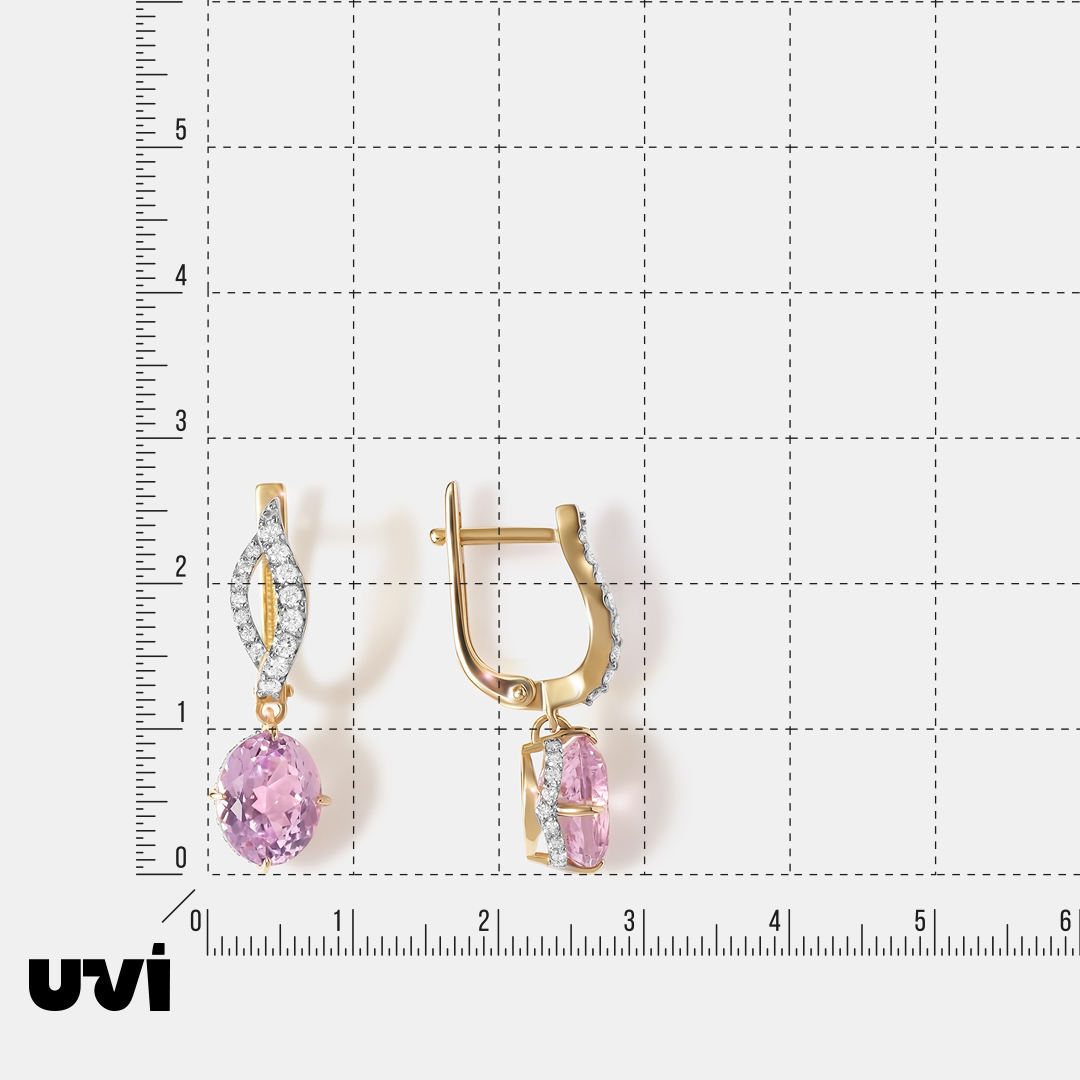 Серьги из желтого золота с кунцитами