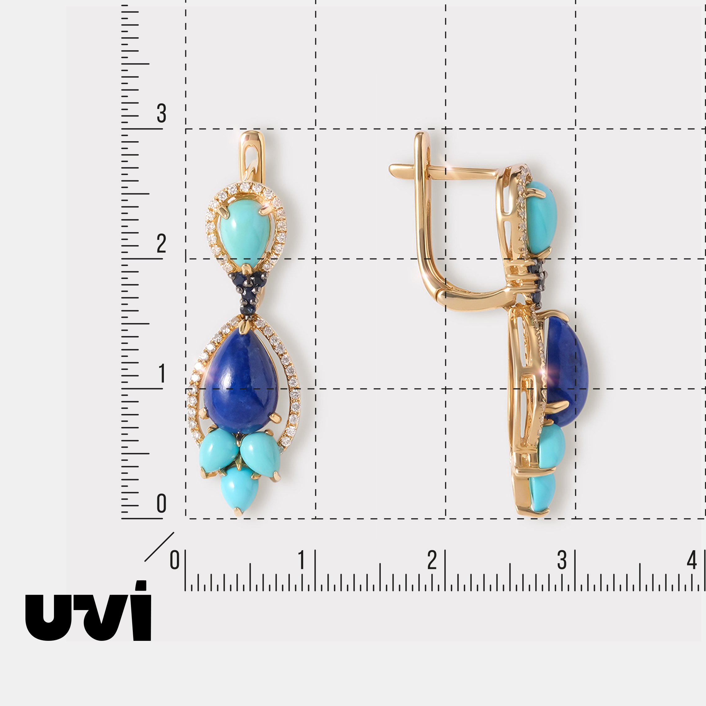 Серьги из желтого золота с лазуритами и бирюзой