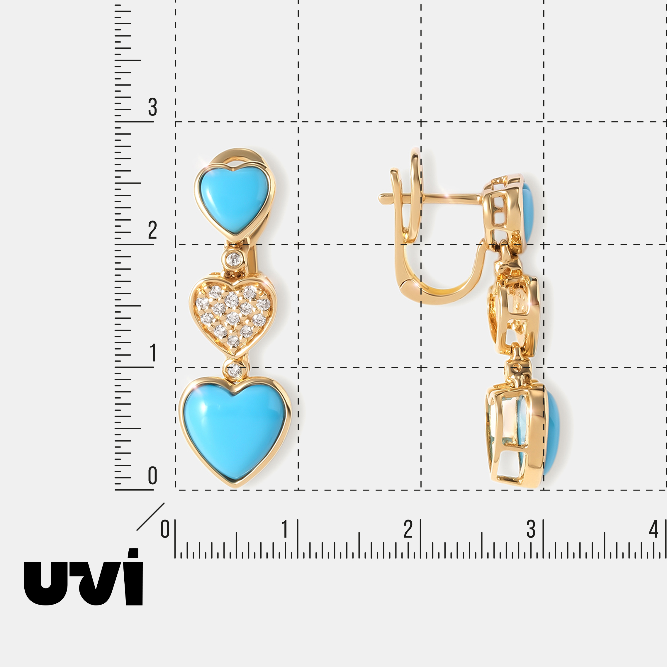 Серьги из желтого золота с бирюзой "Сердца"