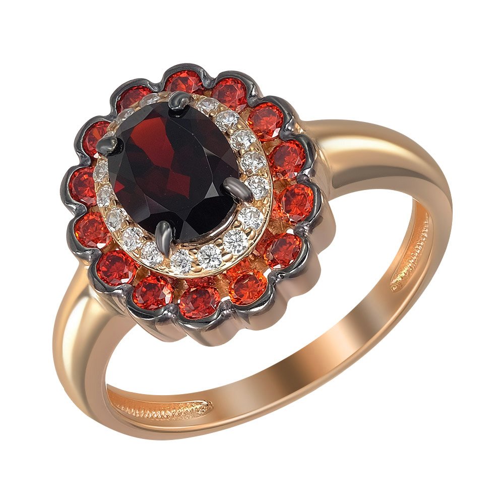 Серебряное кольцо 925 пробы; с чернением; вставки 1 Гранат; 14 Фианит красный; 18 Фианит бесцв.;