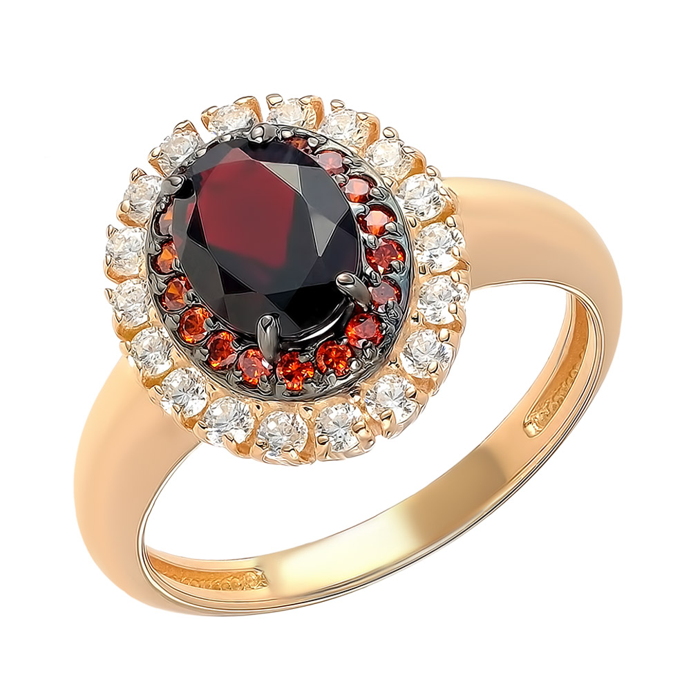 Серебряное кольцо 925 пробы; чернение; вставки 1 Гранат; 18 Фианит красный; 18 Фианит бесцв.;