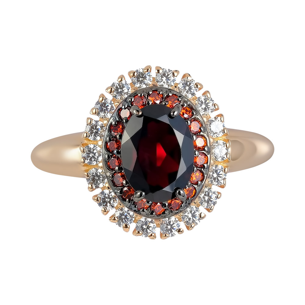 Серебряное кольцо 925 пробы; чернение; вставки 1 Гранат; 18 Фианит красный; 18 Фианит бесцв.;