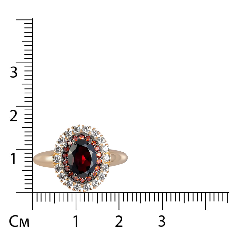 Серебряное кольцо 925 пробы; чернение; вставки 1 Гранат; 18 Фианит красный; 18 Фианит бесцв.;