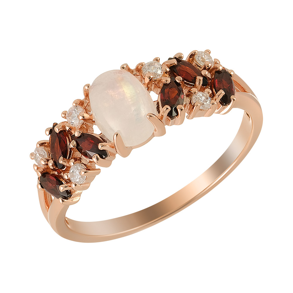 Серебряное кольцо 925 пробы; вставки 1 Лунный камень нат.; 6 Гранат нат.; 6 Фианит бесцв.;