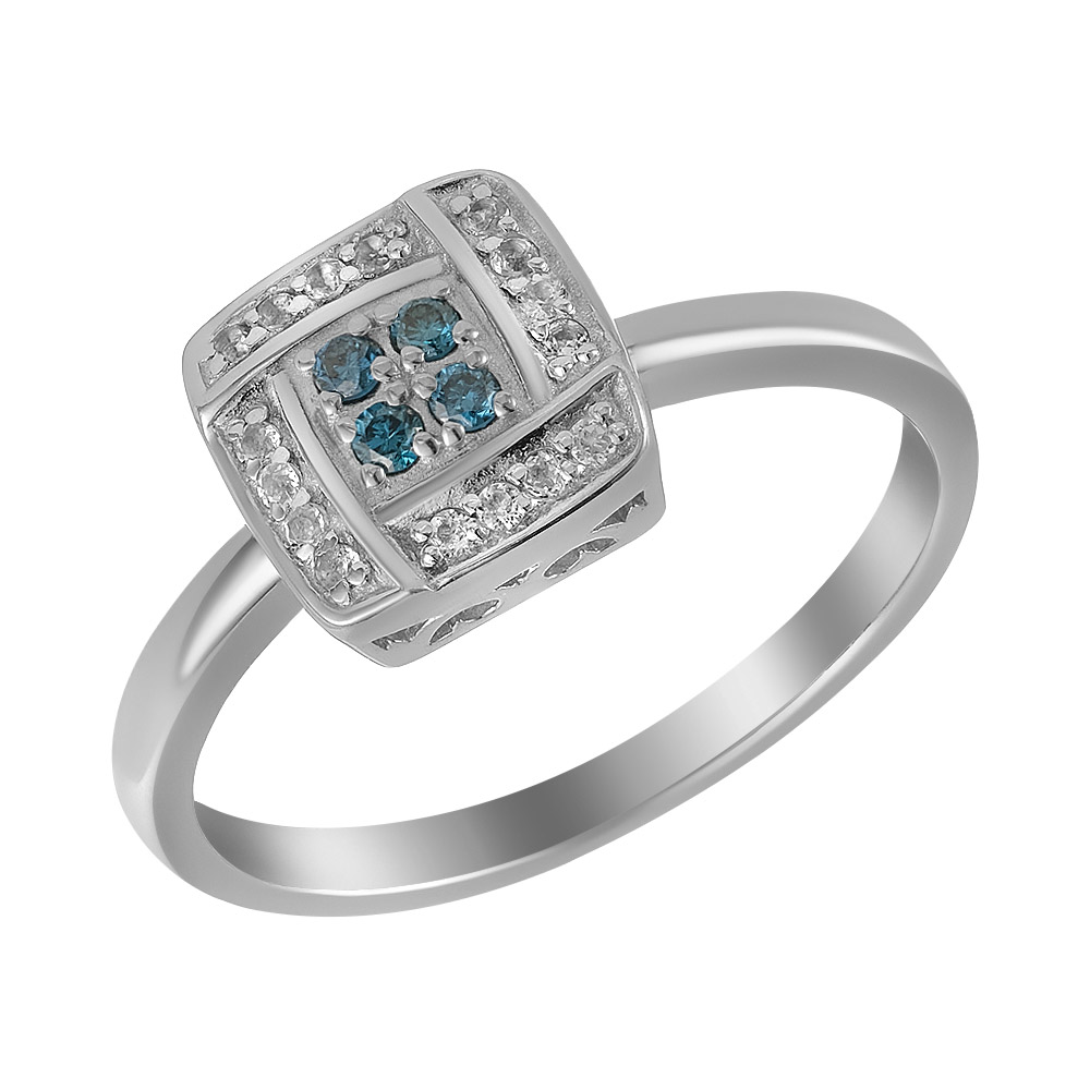 Серебряное кольцо 925 пробы; вставки 4 Бр.(H) голубой Кр-57 0,062 5/5А; 16 Топаз бесцв.;