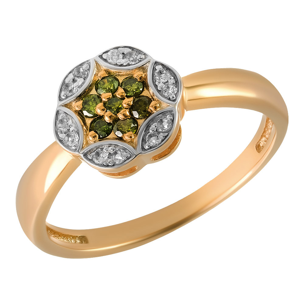 Серебряное кольцо 925 пробы; вставки 7 Бр.зел.Кр-57(Н) 0,104 5/5 А; 12 Топаз бесцв.;