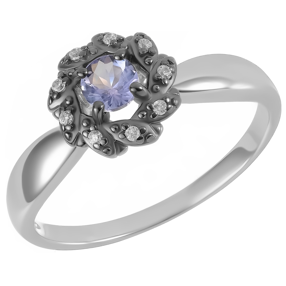 Серебряное кольцо 925 пробы; с чернением; вставки 1 Танзанит; 9 Фианит бесцв.;