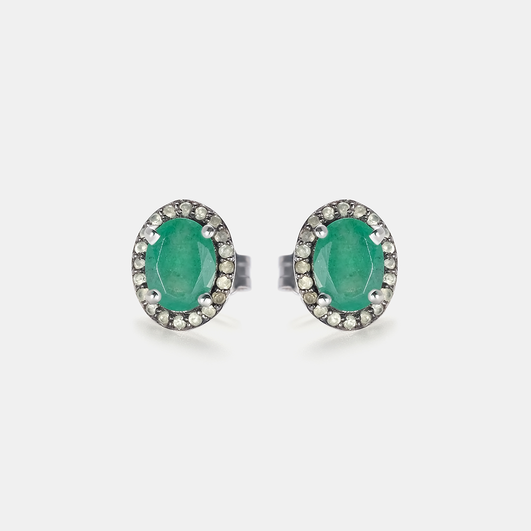 Серебряные серьги-пусеты с изумрудами и перидотами