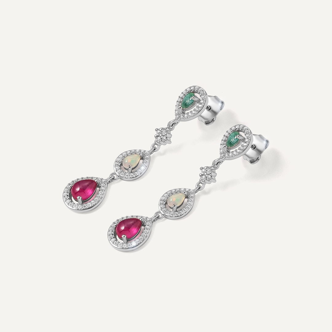 Серебряные серьги-пусеты с изумрудами, опалами и рубинами