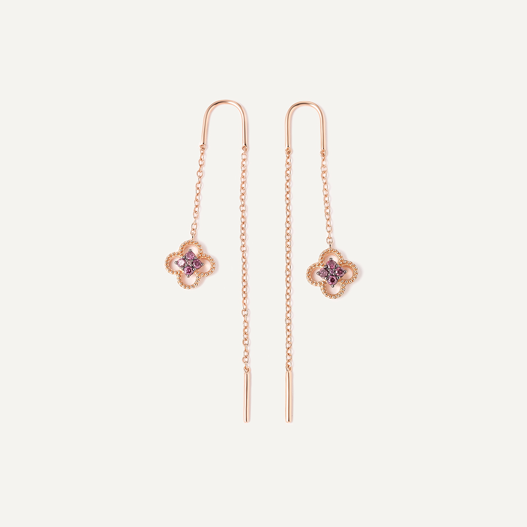 Серебряные серьги-протяжки с розовыми бриллиантами "Клевер"