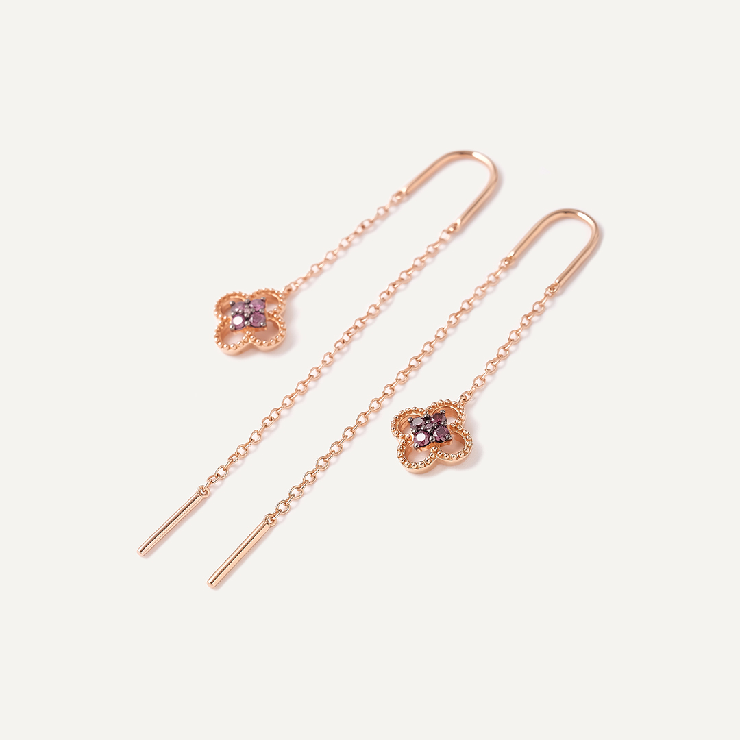 Серебряные серьги-протяжки с розовыми бриллиантами "Клевер"