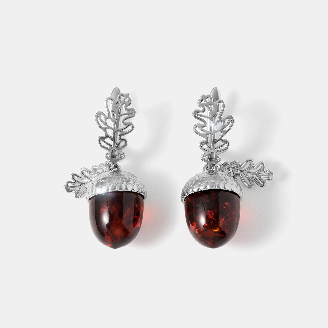 Серебряные серьги с янтарем "Желуди"