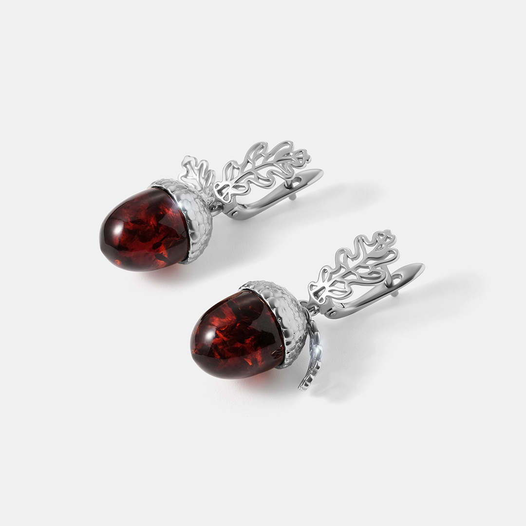 Серебряные серьги с янтарем "Желуди"