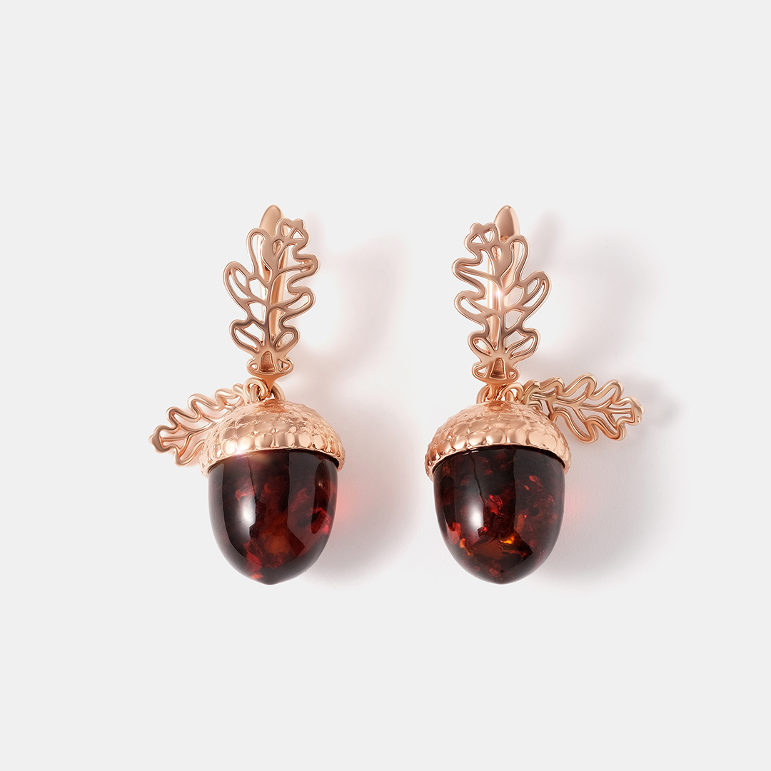 Серебряные серьги с янтарем "Желуди"