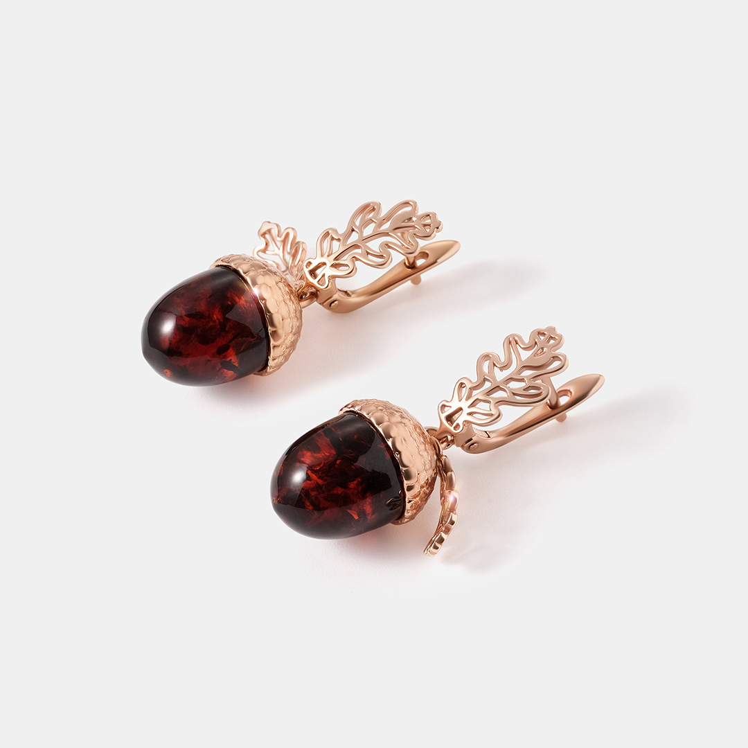 Серебряные серьги с янтарем "Желуди"