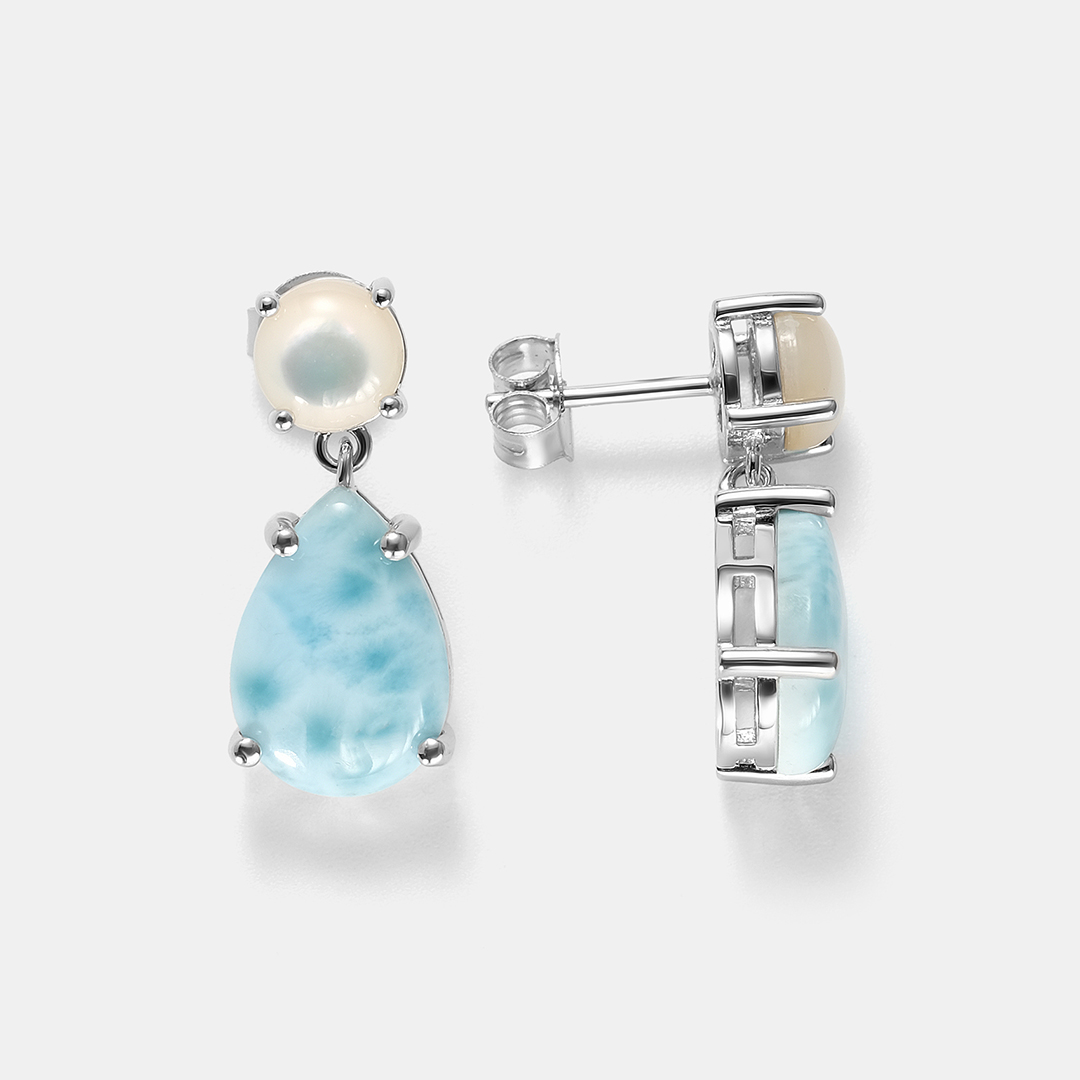 Серебряные серьги с ларимарами и перламутром