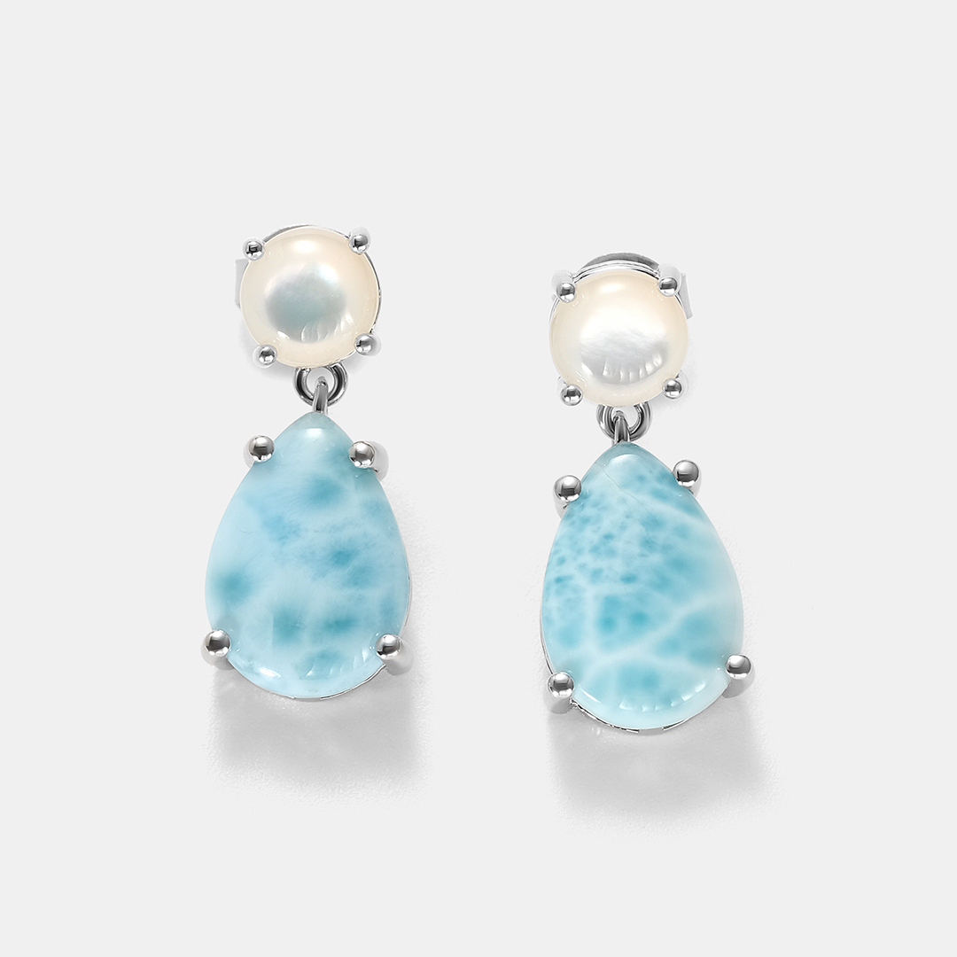 Серебряные серьги с ларимарами и перламутром