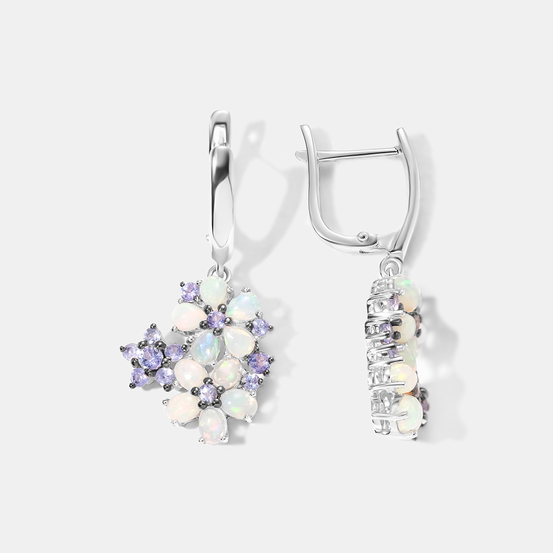 Серебряные серьги с опалами и танзанитами "Цветы"