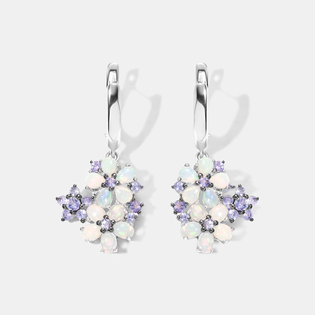 Серебряные серьги с опалами и танзанитами "Цветы"