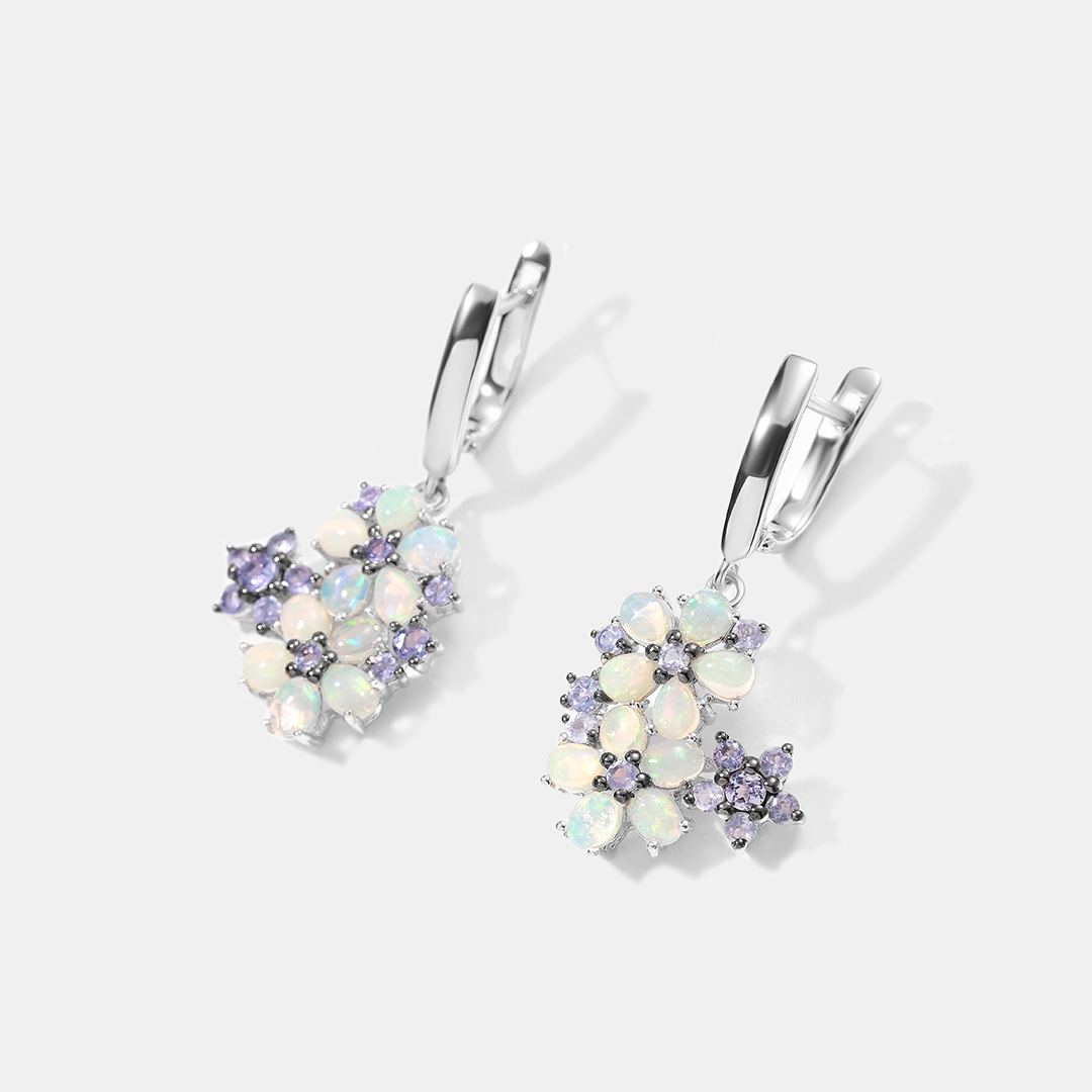 Серебряные серьги с опалами и танзанитами "Цветы"