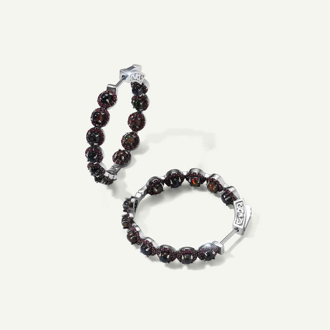 Серебряные серьги с опалами и рубинами