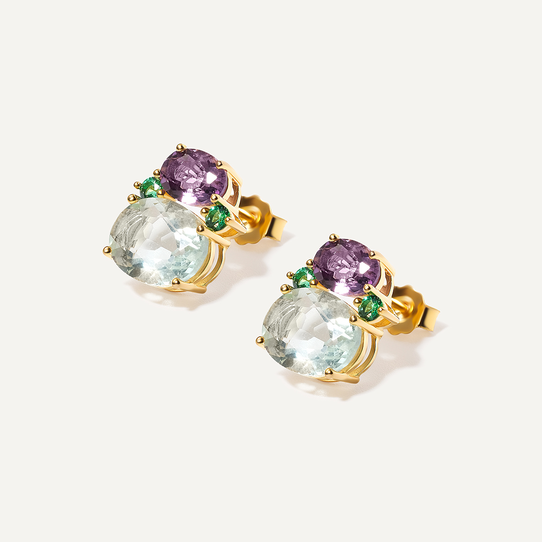 Серебряные серьги-пусеты с флюоритами и аметистами