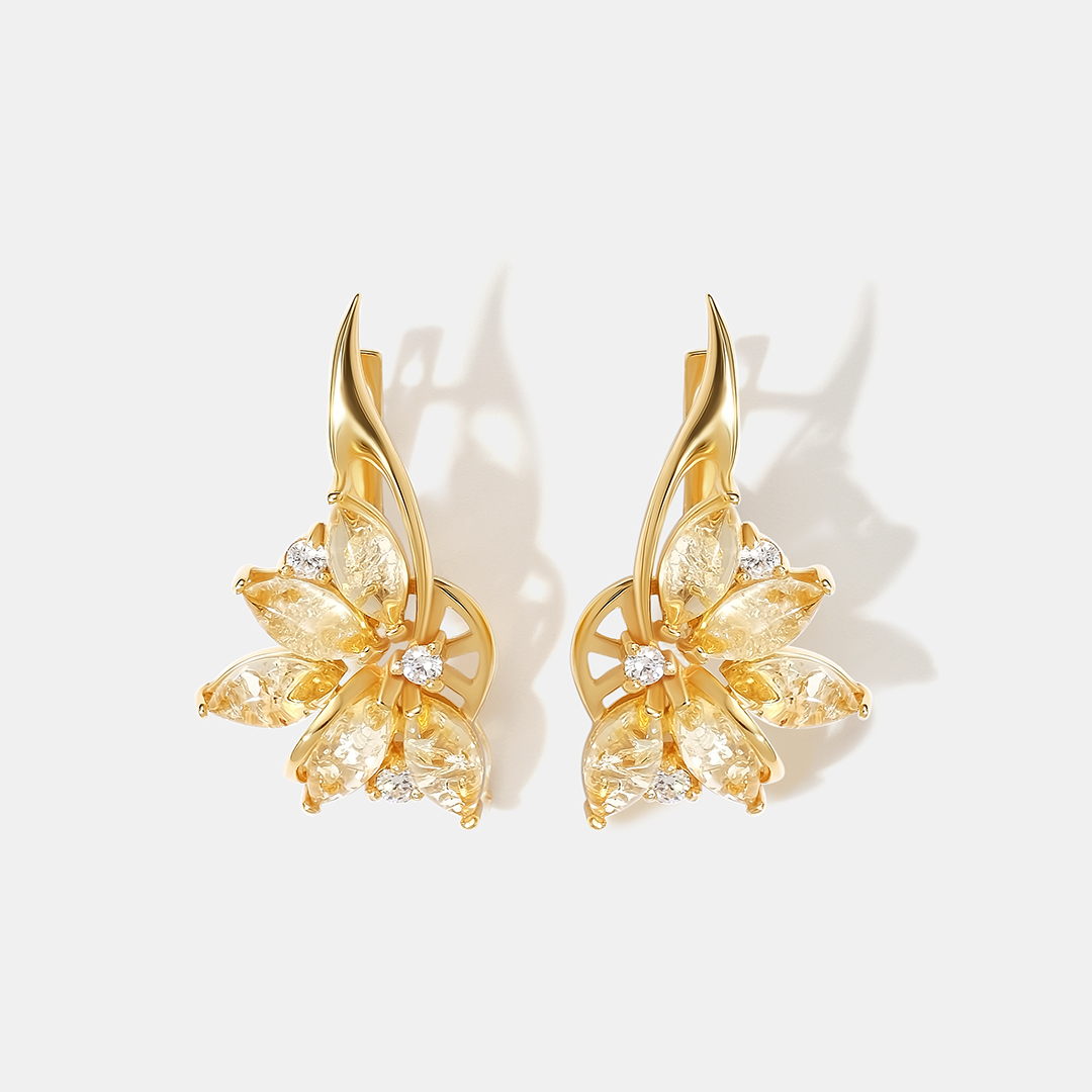 Серебряные серьги с янтарем "Цветы"