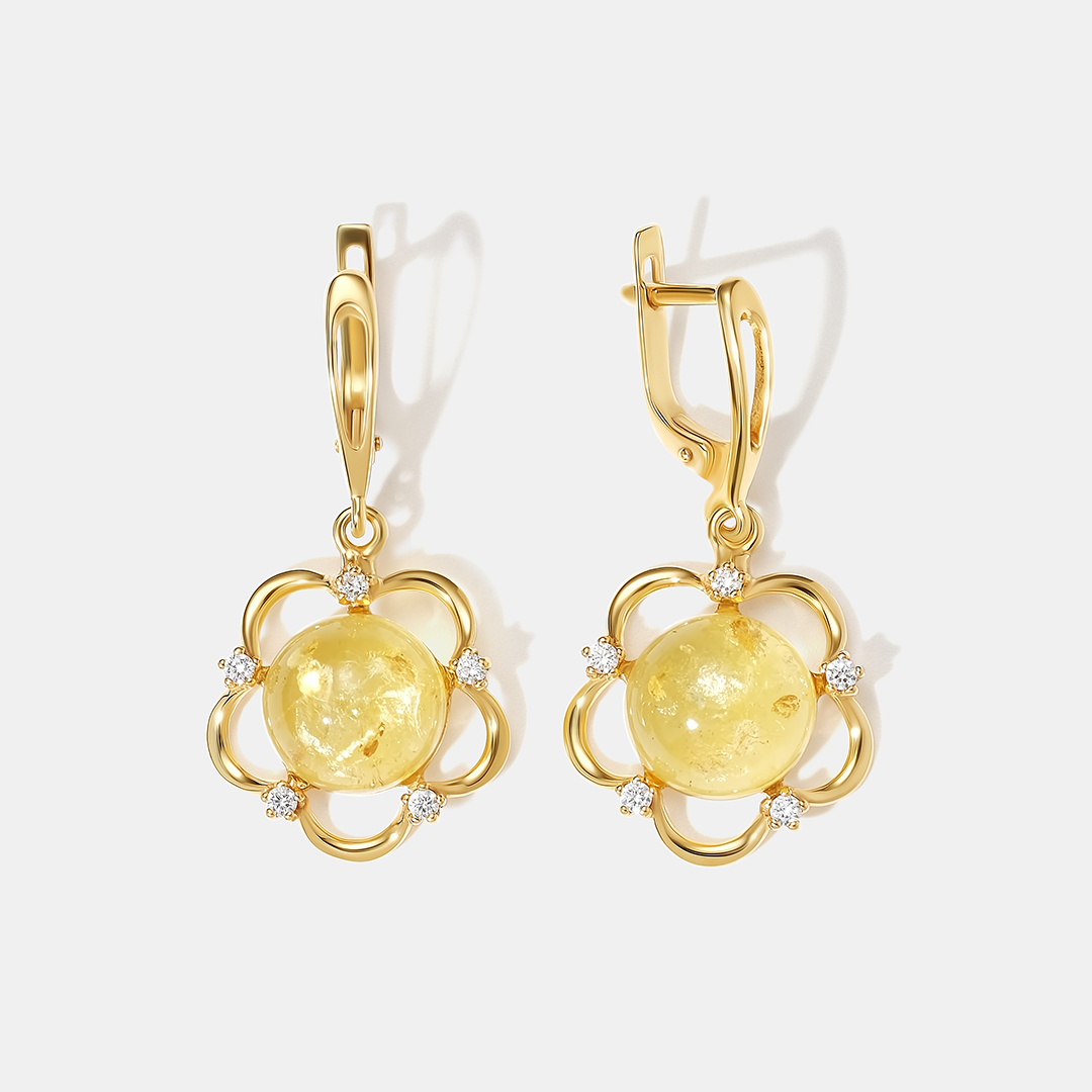 Серебряные серьги с янтарем "Цветы"